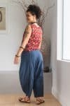 Womens Sol Pants, 100% cotton, hand stitched panels, shin/ankle length, drawstring waist and pockets. Boho Blue
