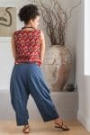 Womens Sol Pants, 100% cotton, hand stitched panels, shin/ankle length, drawstring waist and pockets. Boho Blue