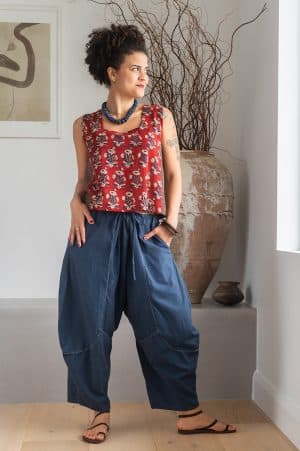 Womens Sol Pants, 100% cotton, hand stitched panels, shin/ankle length, drawstring waist and pockets. Boho Blue