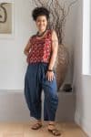 Womens Sol Pants, 100% cotton, hand stitched panels, shin/ankle length, drawstring waist and pockets. Boho Blue