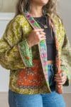 Womens Vintage Nomad Kantha Classic Jacket handmade from 100% cotton recycled fabrics in Green Freya