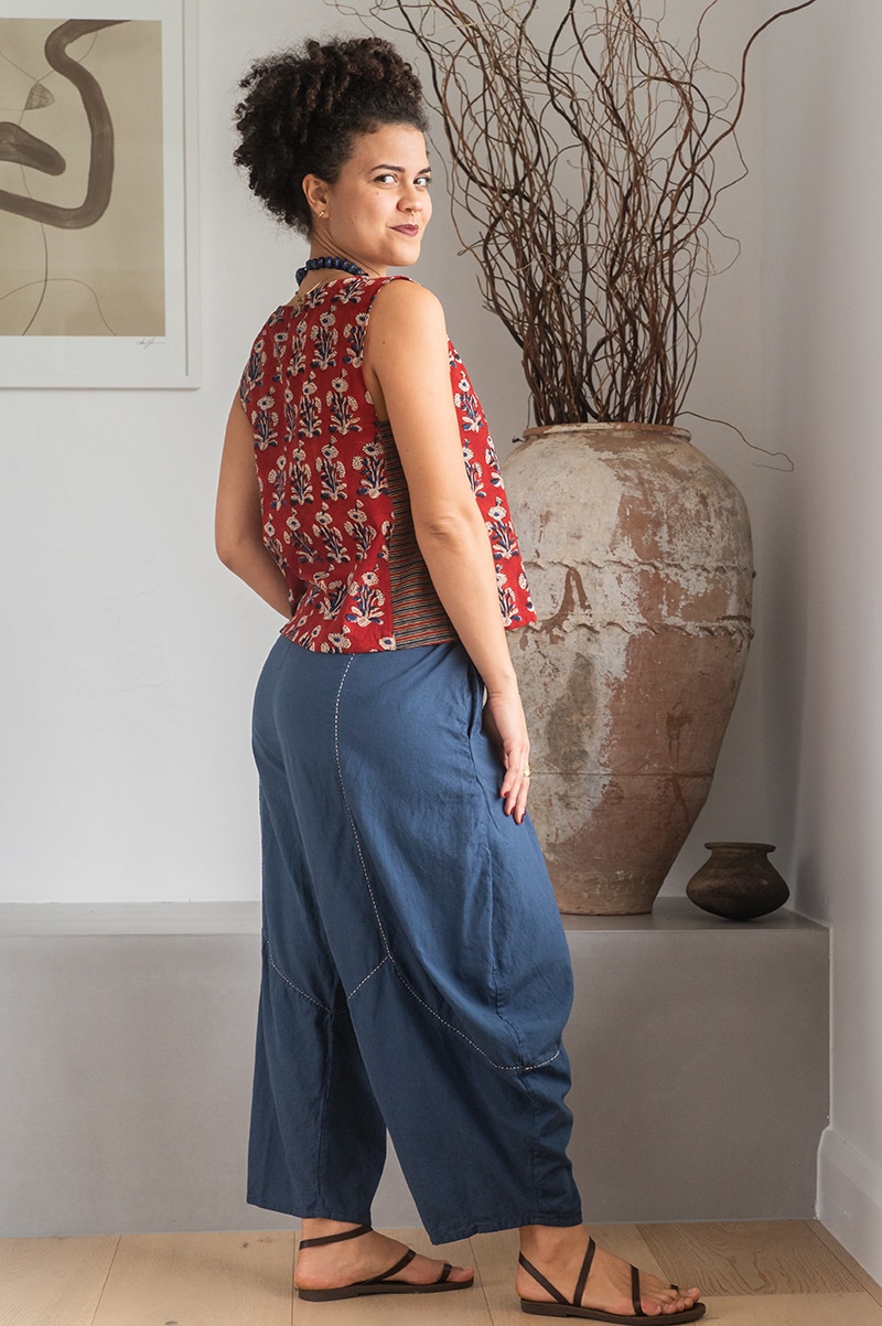 Womens Sol Pants, 100% cotton, hand stitched panels, shin/ankle length, drawstring waist and pockets. Boho Blue