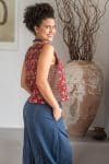 Womens Sol Pants, 100% cotton, hand stitched panels, shin/ankle length, drawstring waist and pockets. Boho Blue