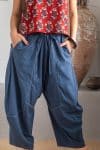 Womens Sol Pants, 100% cotton, hand stitched panels, shin/ankle length, drawstring waist and pockets. Boho Blue