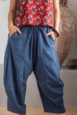 Womens Sol Pants, 100% cotton, hand stitched panels, shin/ankle length, drawstring waist and pockets. Boho Blue