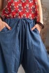 Womens Sol Pants, 100% cotton, hand stitched panels, shin/ankle length, drawstring waist and pockets. Boho Blue