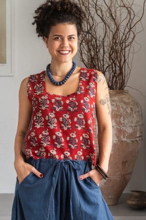 Womens Tops, 100% Cotton, Hand Block Print, Summer. Lola in vibrant red Pimento