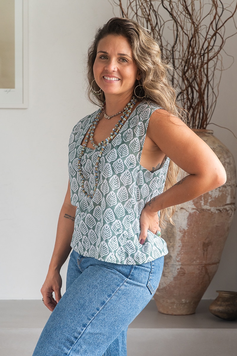 Womens Tops, 100% Cotton, Hand Block Print, Summer. Lola in soft green Eucalypt