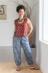 Womens Viva Pants, 100% cotton, hand block prints, ankle length with patch pockets. Nordic Blue