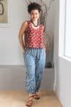 Womens Viva Pants, 100% cotton, hand block prints, ankle length with patch pockets. Nordic Blue