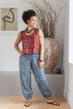Womens Viva Pants, 100% cotton, hand block prints, ankle length with patch pockets. Nordic Blue