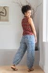 Womens Viva Pants, 100% cotton, hand block prints, ankle length with patch pockets. Nordic Blue