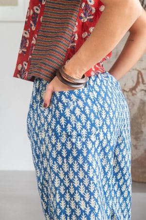 Womens Viva Pants, 100% cotton, hand block prints, ankle length with patch pockets. Nordic Blue