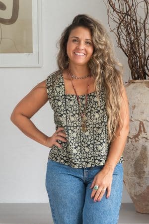 Womens Tops, 100% Cotton, Hand Block Print, Summer. Lola in black Ebony floral