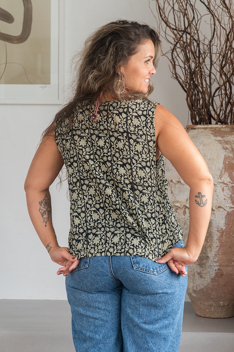 Womens Tops, 100% Cotton, Hand Block Print, Summer. Lola in black Ebony floral