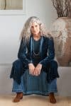 Womens, Odessa Silk Velvet Coat, hand block print, full body length with pockets, in Blue Luna.