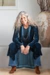 Womens, Odessa Silk Velvet Coat, hand block print, full body length with pockets, in Blue Luna.