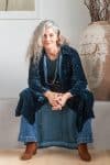 Womens, Odessa Silk Velvet Coat, hand block print, full body length with pockets, in Blue Luna.
