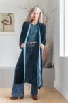 Womens, Odessa Silk Velvet Coat, hand block print, full body length with pockets, in Blue Luna.