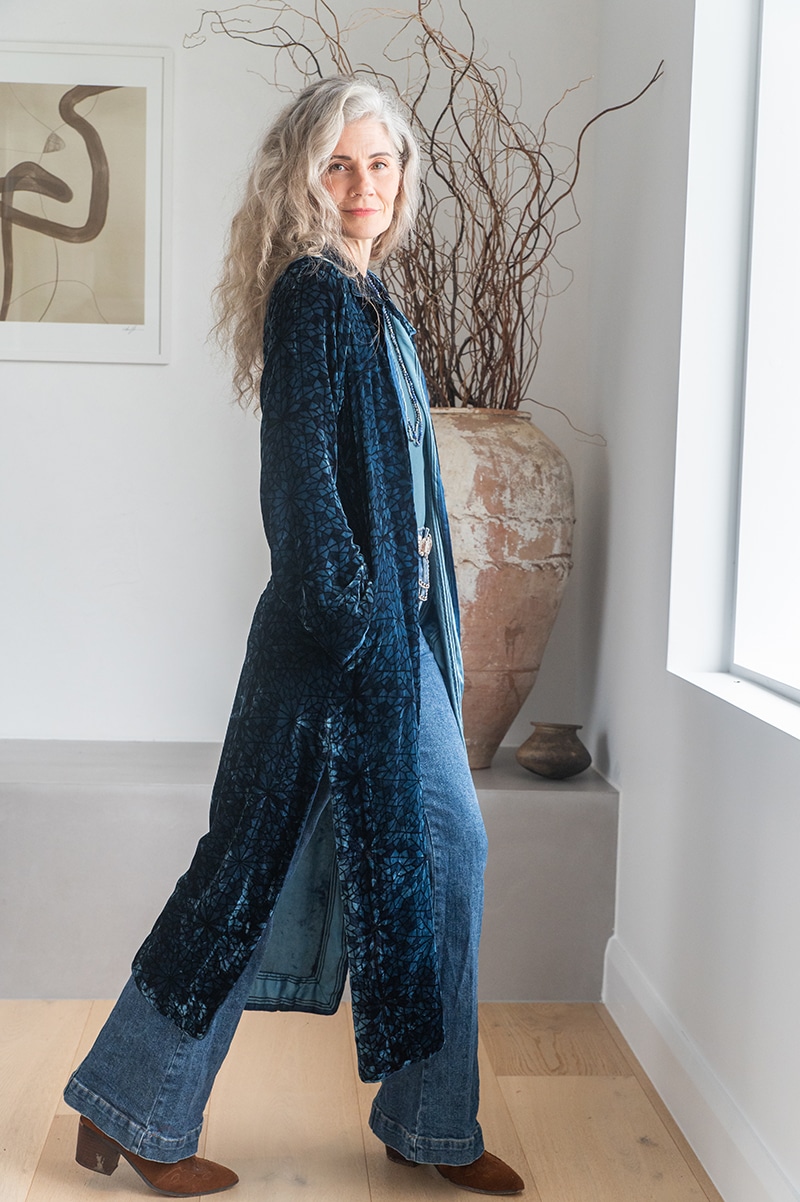 Womens, Odessa Silk Velvet Coat, hand block print, full body length with pockets, in Blue Luna.
