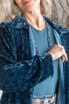Womens, Odessa Silk Velvet Coat, hand block print, full body length with pockets, in Blue Luna.