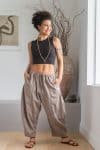 Womens Sol Pants, 100% cotton, hand stitched panels, shin/ankle length, drawstring waist and pockets. Stone