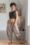 Womens Sol Pants, 100% cotton, hand stitched panels, shin/ankle length, drawstring waist and pockets. Stone