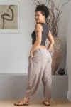 Womens Sol Pants, 100% cotton, hand stitched panels, shin/ankle length, drawstring waist and pockets. Stone