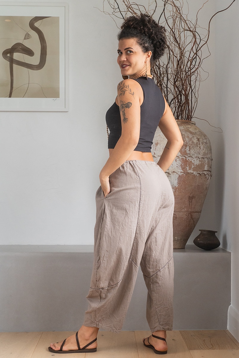 Womens Sol Pants, 100% cotton, hand stitched panels, shin/ankle length, drawstring waist and pockets. Stone