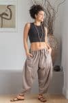 Womens Sol Pants, 100% cotton, hand stitched panels, shin/ankle length, drawstring waist and pockets. Stone