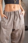 Womens Sol Pants, 100% cotton, hand stitched panels, shin/ankle length, drawstring waist and pockets. Stone