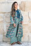 Womens, Tula Coat, full sleeve, 100% cotton, hand block print. In green hues and Pink Lotus Flowers - Padma