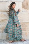 Womens, Tula Coat, full sleeve, 100% cotton, hand block print. In green hues and Pink Lotus Flowers - Padma