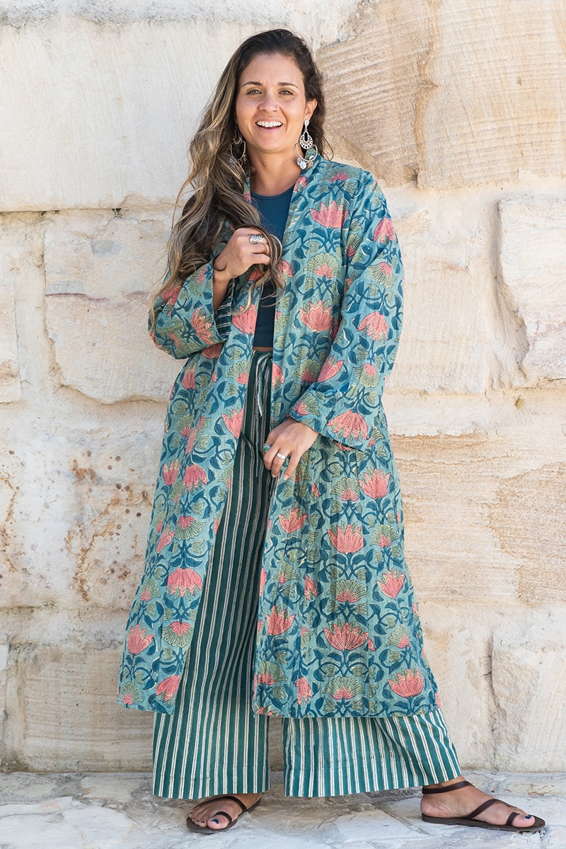 Womens, Tula Coat, full sleeve, 100% cotton, hand block print. In green hues and Pink Lotus Flowers - Padma