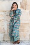 Womens, Tula Coat, full sleeve, 100% cotton, hand block print. In green hues and Pink Lotus Flowers - Padma