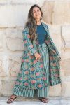 Womens, Tula Coat, full sleeve, 100% cotton, hand block print. In green hues and Pink Lotus Flowers - Padma