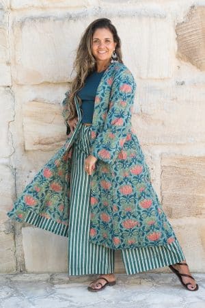 Womens, Tula Coat, full sleeve, 100% cotton, hand block print. In green hues and Pink Lotus Flowers - Padma