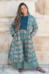 Womens, Tula Coat, full sleeve, 100% cotton, hand block print. In green hues and Pink Lotus Flowers - Padma
