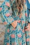 Womens, Tula Coat, full sleeve, 100% cotton, hand block print. In green hues and Pink Lotus Flowers - Padma