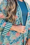 Womens, Tula Coat, full sleeve, 100% cotton, hand block print. In green hues and Pink Lotus Flowers - Padma