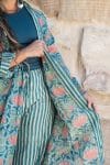 Womens, Tula Coat, full sleeve, 100% cotton, hand block print. In green hues and Pink Lotus Flowers - Padma