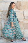 Womens, Tula Coat, full sleeve, 100% cotton, hand block print. In green hues and Pink Lotus Flowers - Padma