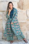 Womens, Tula Coat, full sleeve, 100% cotton, hand block print. In green hues and Pink Lotus Flowers - Padma