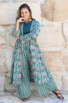 Womens, Tula Coat, full sleeve, 100% cotton, hand block print. In green hues and Pink Lotus Flowers - Padma