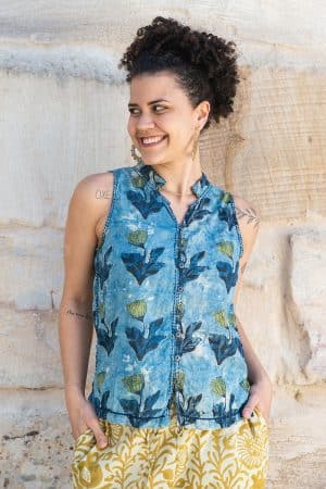 Womens, Tagai blouse, sleeveless, 100% cotton, hand block print, in natural Naspal Tulip