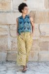 Womens, Tagai blouse, sleeveless, & Florentis Culottes, 100% cotton, hand block print, in natural Naspal Tulip & golden Soleia