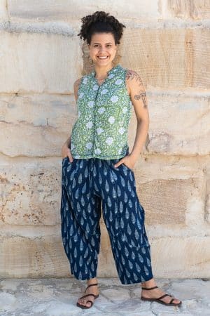 Womens, Tagai Blouse, sleeveless, & Sol Pant, 100% cotton, hand block print, hand stitched, in Evergreen and Indiga Nivara