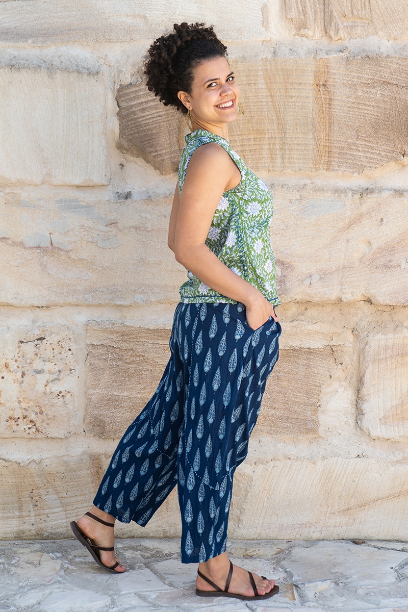 Womens, Sol Pant, 100% cotton, hand block print, hand stitched, in natural Indigo Nivara