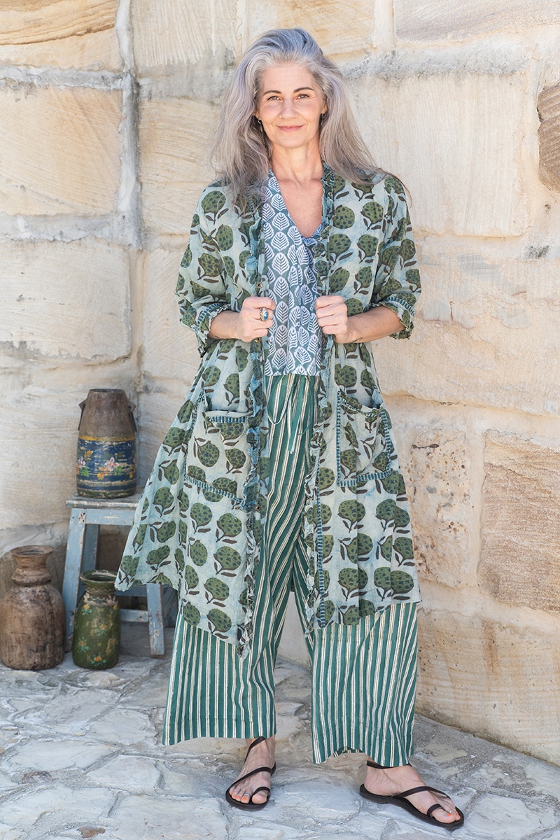 Womens, Shimla Coat & Florentis Culottes, 100% cotton, hand block print, in natural Naspal Figaris & Verdara