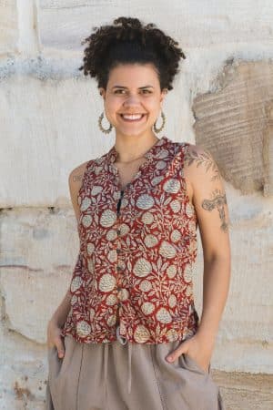 Womens, Tagai blouse, sleeveless, 100% cotton, hand block print, in natural rustic red - Jivana